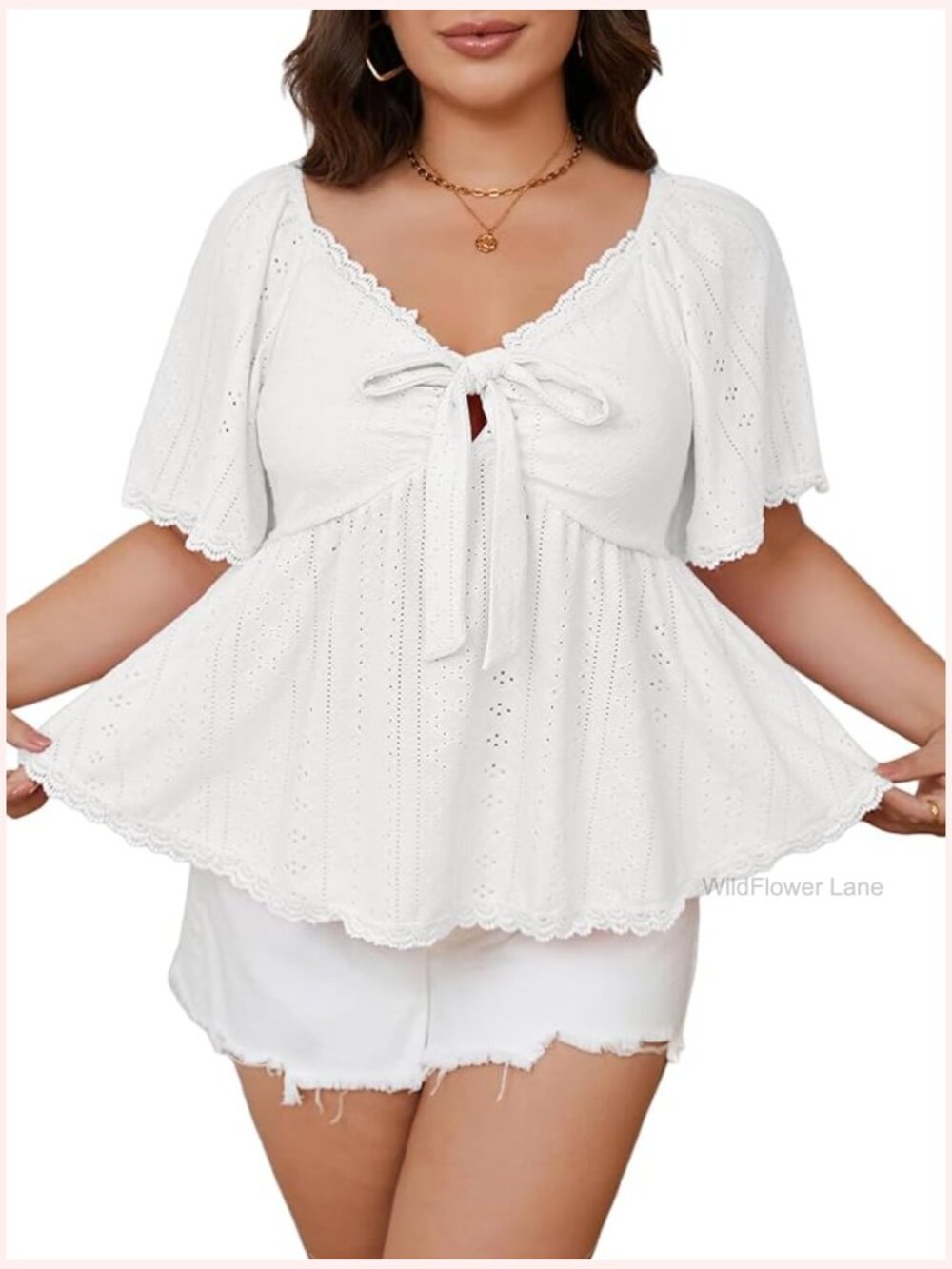 Plus Size Babydoll Top Flowy Peplum Deep V Neck Ruffle Cute Blouse